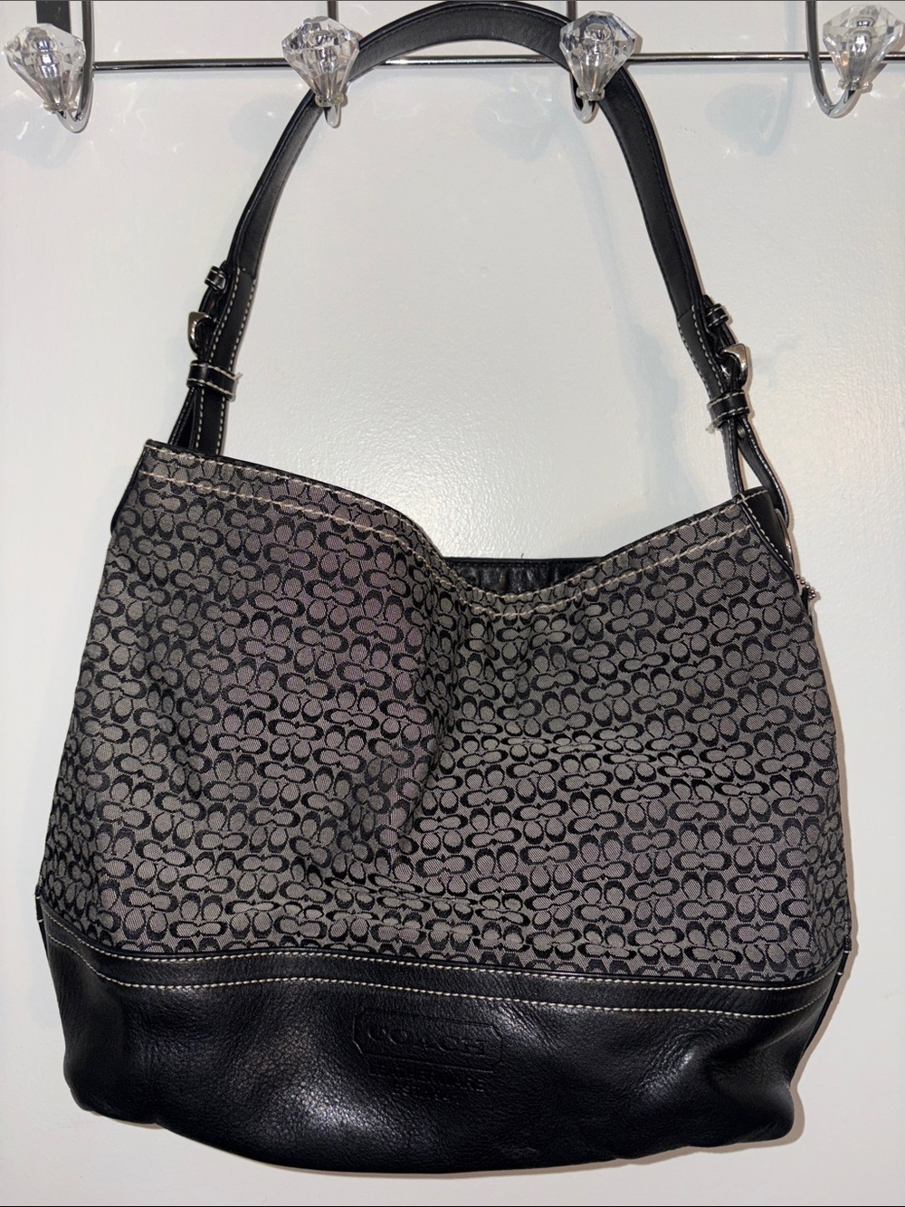 Coach Gray & Black Signature Canvas Hobo with Leather Base